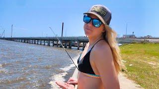 2 HOURS of BRIDGE FISHING Catch and Cooks! -- Biggest Fish of Her Life!!!! (Bridge Monster x12!!!)