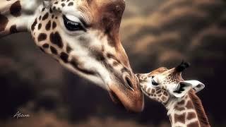 A giraffe petting its calf