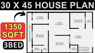 30 X 45 House Plan Design || 1350 Sq Ft || 3Bhk Layout Plan