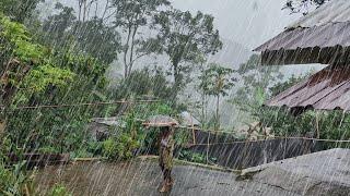 Heavy rain hits hilly villages 3 hours, walking in the heavy rain, rain thunder sounds for sleeping