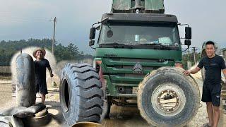 daily repair work 100km to change tires on howo dump truck and giant wheel loader