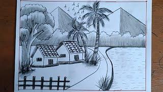 Village scenery drawing with pencil shading easy/How to draw scenery with pencil step by step