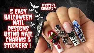 5 EASY Halloween nail designs for beginners ! Nail art with charms and stickers