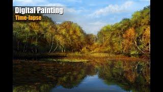 Landscape Digital Painting Speedpaint Time-lapse "Autumn Pond" (Krita)