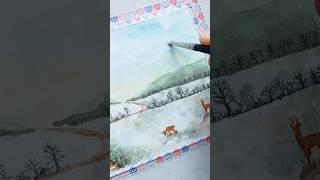 Pintura en acuarela de un paisaje de invierno