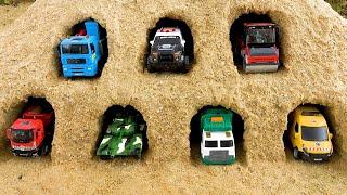 Sand dump truck, construction roller in fun cave | Disney cars toys and dinosaurs toys