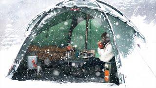 Camping in Heavy Snow | Snowing all day long, In a perfect Hot tent, very Cozy Camping | snow ASMR