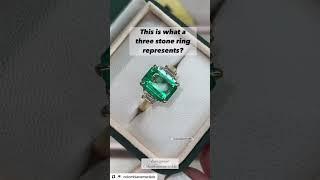 Best three stone Colombian emerald and trapeziod diamond engagement statement anniversary ring 18k