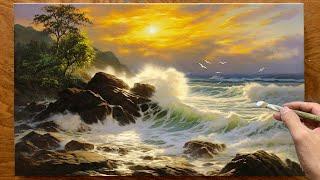 How to draw a coastal landscape - Ocean waves crashing on the shore / Acrylic Painting / A Lu Art.