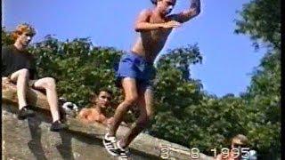 Teenagers jumping off Devils Bridge at Kirkby Lonsdale, (tombstoning)