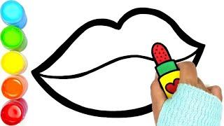 Glitter Toy Lips With Lipstick, Rainbow Dress, Make Up Drawing And Coloring Page For Kids