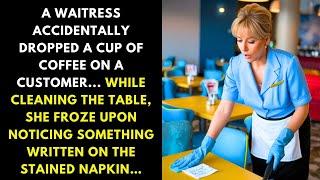 A WAITRESS ACCIDENTALLY DROPPED A CUP OF COFFEE ON A CUSTOMER... WHILE CLEANING THE TABLE...