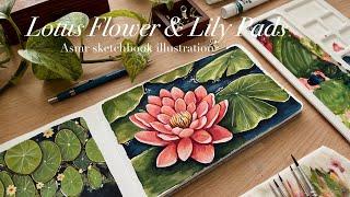 Cozy painting lotus flower and lily pads sketchbook illustration