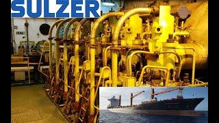 Huge Sulzer Ship Engine Running at Full Speed Engine Room Walk Around