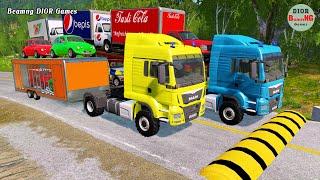 Double Flatbed Trailer Truck cars vs rails tractor vs train cars vs bollards Beamng Drive 314