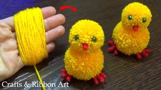 Super Easy Pom Pom Chicken Making Idea with Fingers - DIY Pom Pom Chick - How to Make Yarn Chicken