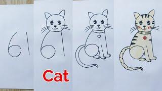 How to draw a cat with number 61 easy for kids | Easy cute cat drawing