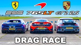 Ferrari 296 GTB v McLaren 765LT v Porsche GT2 RS: DRAG RACE