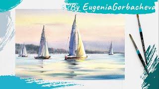 Paint a watercolor seascape | Painting "Pink Sailboats" | Speed Up Demo