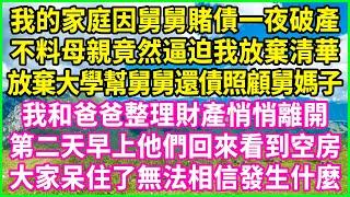 我的家庭因舅舅賭債一夜破產，不料母親竟然逼迫我放棄清華，放棄大學幫舅舅還債照顧舅媽子，我和爸爸整理財產悄悄離開，第二天早上他們回來看到空房，大家呆住了無法相信發生什麼！#情感故事 #花開富貴