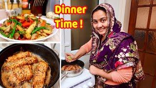 নৈশভোজের আয়োজন চলছে, Baked Salmon and Saute Vegetable for dinner | Zannat Bristi Vlog #93