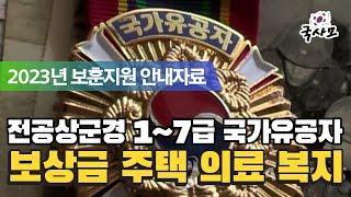 2023년 알기쉽게 풀어보는 전공상군경 1~7급 국가유공자를 위한 보훈지원제도. 보훈급여금 보훈보상금 교통 교육 취업 의료 차량 대부 복지지원 사망시예우 국립묘지