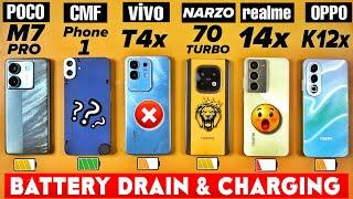 vivo T4x 5g vs CMF Phone 1 vs Narzo 70 Turbo vs POCO M7 Pro , Realme 14x , OPPO K12x - BATTERY DRAIN