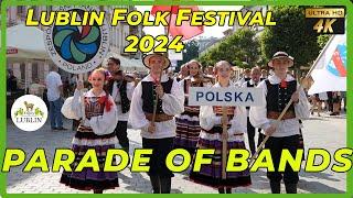 Parade of Bands in Lublin, Poland to start the 2024 Folk Festival.  Plac Litewski to Stare Miasto 4K