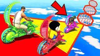 SHINCHAN AND FRANKLIN TRIED SPIKEBIKE MEGA RAMP CRAZY RACE JUMP CHALLENGE BY CARS BIKES TRUCKS GTA 5