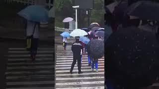 下雨天，学生主动上前把伞送给了执勤交警，没过多久，交警又将雨伞送给了没有带伞的学生，网友： 看到了爱在传递！ #正能量 #暖心