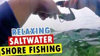 Relaxing saltwater shore fishing adventure using ultralight fishing setup