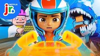 Racers VS Runaway T-Rex Transporter!  Hot Wheels Let's Race | Netflix Jr