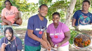 BAREFOOT COOKING ON THE BEACH, BROWN STEW FISH  BLACK BEAN RICE & MIX VEGETABLES. EPIC!!!