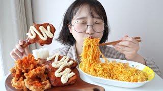 오랜만에 치즈볶이 잔뜩 먹방bbq닭발튀김 + 자메이카 통다리치킨에 마요네즈 주르륵 REALSOUND MUKBANG | Cheese ramyun,fried chicken feet