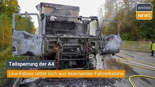 BAD HERSFELD: Teilsperrung der A4: Lkw-Fahrer rettet sich aus brennender Fahrerkabine