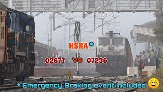 Indian Railways Single Line Crossing | Hosur Fog | SWR | Trains 02677 vs 07236 | Emergency Braking