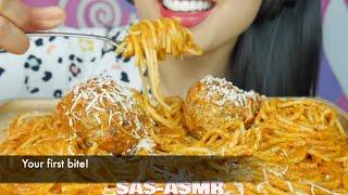 SAS ASMR *BITES ONLY* SPAGHETTI + MOZZARELLA CHEESE MEATBALLS ASMR