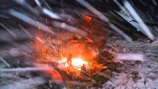 SNOW STORM Camping in the Appalachian Mountains SOLO- Cooking Venison on a hot rock