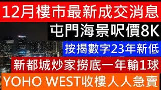 12月樓市最新成交消息 走勢分析 新都城炒家一年前撈底輸一球離場 屯門2手海景大單位呎價8千! YOHO WEST業主收樓即跳船賣樓離場 元朗世宙9年前一手買都要輸1成! 樓市分析 樓盤傳真 2024