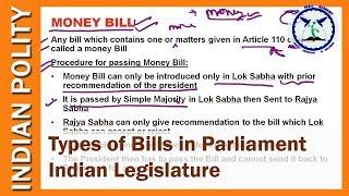 Types of Bills in Parliament : Ordinary Bill, Money Bill, Financial Bill, Constitution amendment