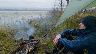 Solo Tarp Camp in the Wetlands (Heavy Rain and Wind)