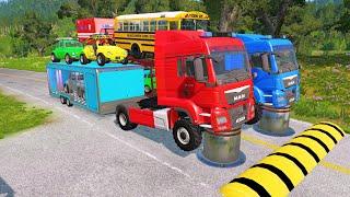 Double Flatbed Trailer Truck vs speed bumps|Busses vs speed bumps|Beamng Drive|955