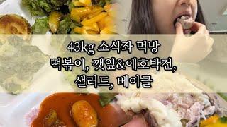 43kg 위꼬미의 소식먹방 | 떡볶이, 깻잎&애호박전, 베이글, 샐러드