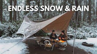 Airstream Basecamp surprising heavy snow & rain while camping under Snow Peak Hexa Tarp & Moonshade