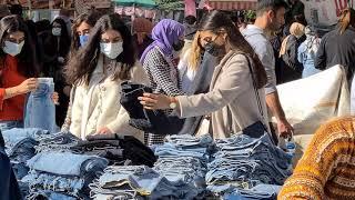 TUESDAY MARKET IN KADIKOY ISTANBUL, CHEAP FAKE CLOTHES, FRUITS AND VEGETABLE MARKET, SALI PAZARI, 4k