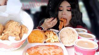 JOLLIBEE MUKBANG!! CHICKENJOY, JOLLY SPAGHETTI, PEACH MANGO PIE, MAC N CHEESE FILIPINO FAST FOOD