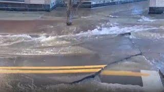 Large water main breaks, flooding streets in Quincy, Massachusetts