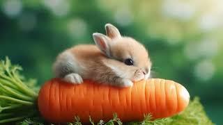 Animation with tiny miniature bunny on a carrot