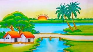 How to draw a beautiful village scenery || Sunset and sunrise scenery drawing easy step by step