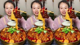 ASMR Eating Spicy Food Chinese, Eat Spicy Hot Pot Malatang Mukbang, Fried Pork Belly With Vegetables